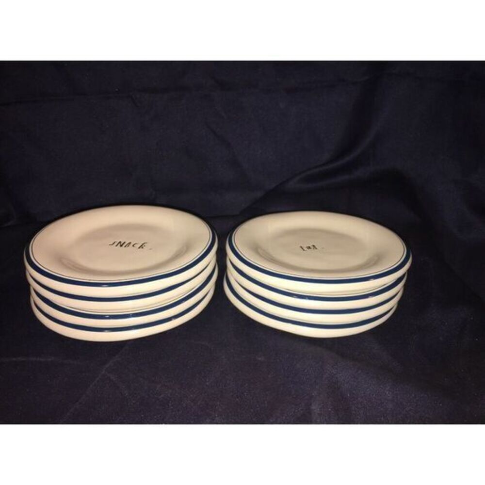 Rae Dunn "Blue Line" Dessert/Snack Plate Set Of 8 Savor Eat Dine Snack - Picture 2 of 7